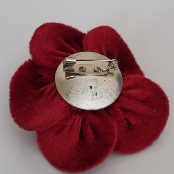 Vintage Red Velour Fabric and Rhinestone Flower Rose Brooch - Picture 5 of 11